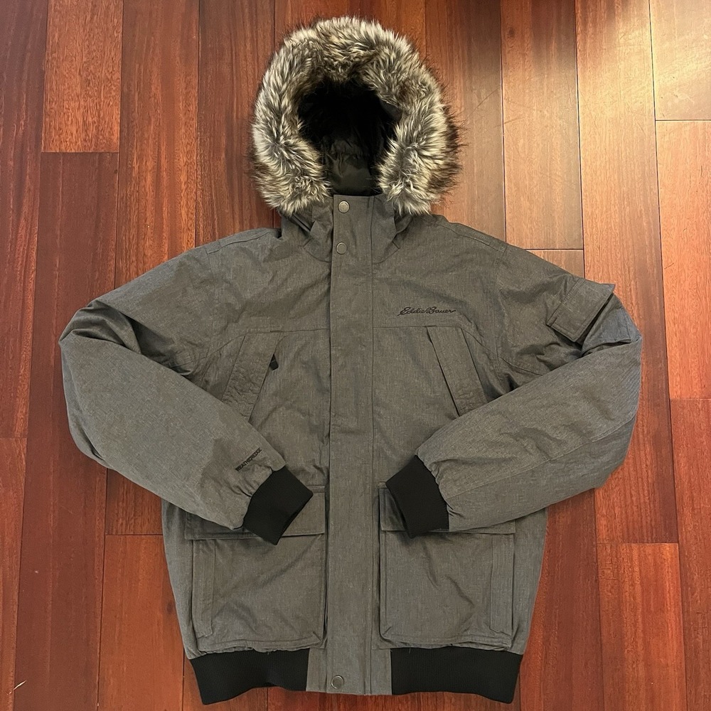 Eddie Bauer WeatherEdge Down Parka Jacket Mens M Navy Blue Faux‎ Fur Hood Winter